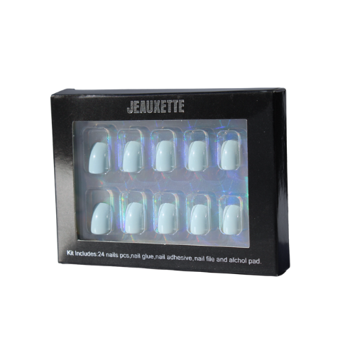 Box of Jeauxette nail art kit with light blue short square nails on a white background
