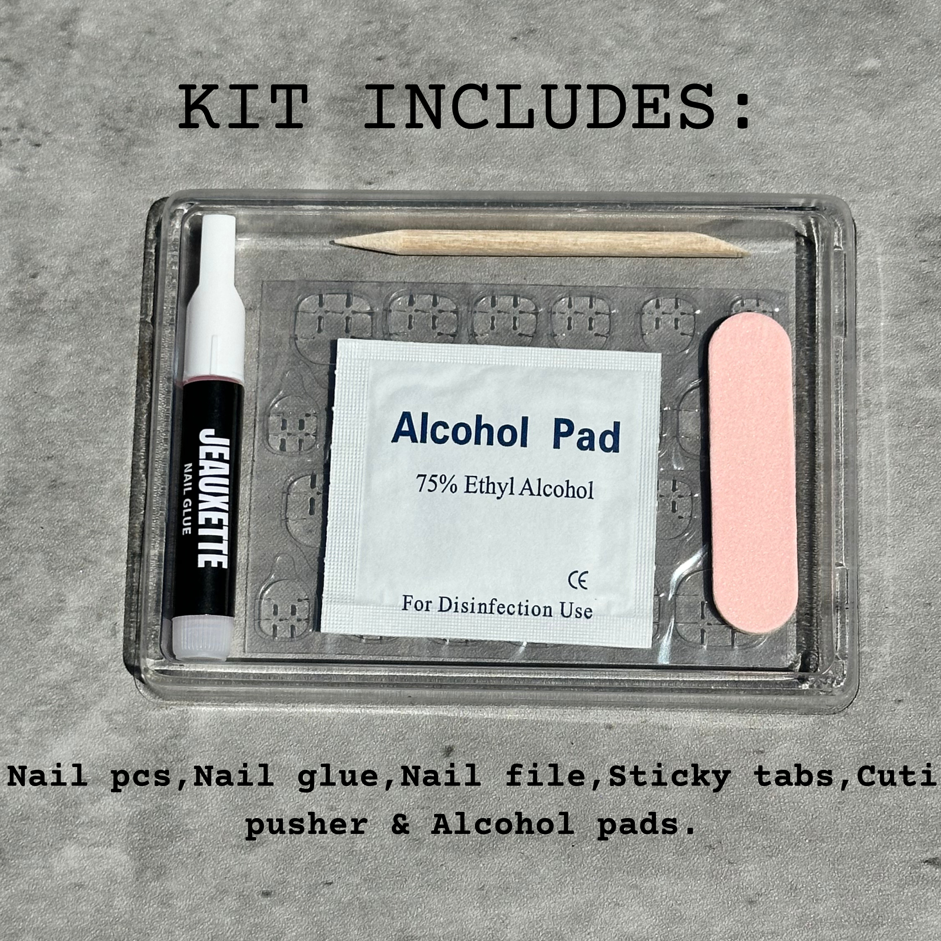 Contents of indigo press-on nails kit