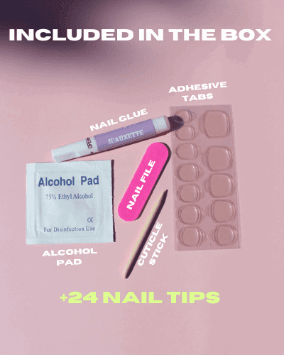 Contents of press-on nails kit including glue and tools