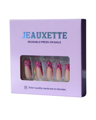 Box of JEauxette reusable press-on nails with pink and leopard print ballerina nail design on a white background