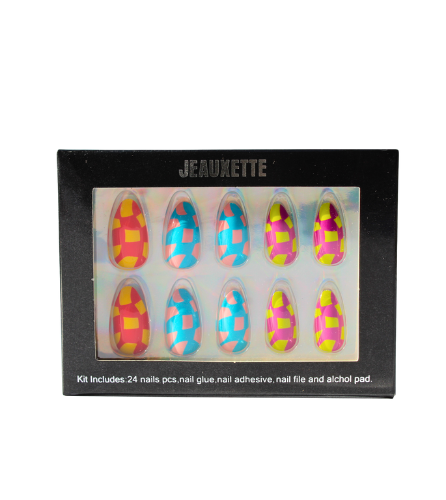 Box of colorful nail art check print press-on nails with Jeauxette branding on a white background
