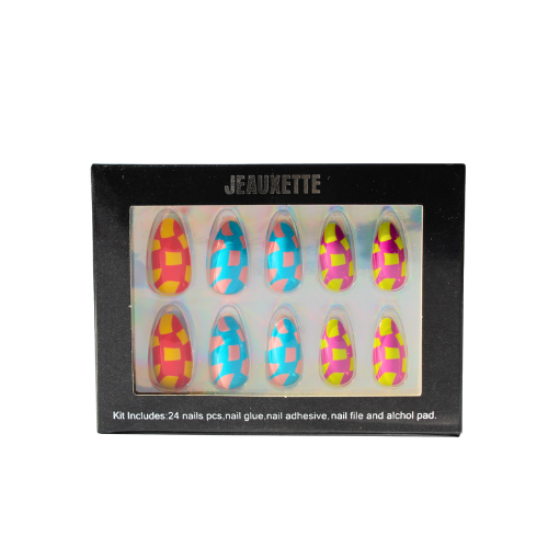 Box of colorful nail art check print press-on nails with Jeauxette branding on a white background