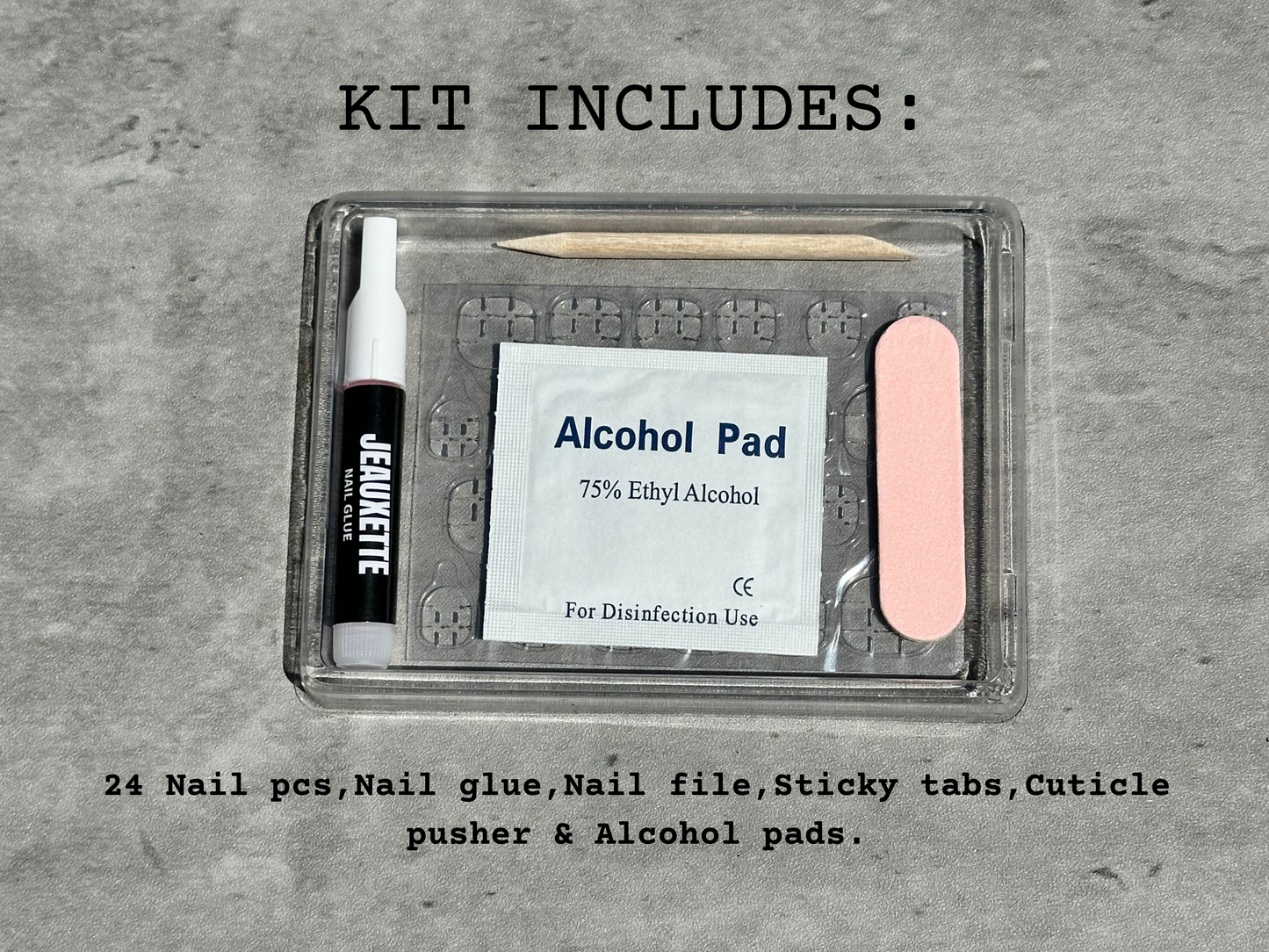 Jade press-on nails kit contents: glue, file, alcohol pad