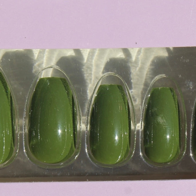 Set of olive green press-on nails on display card.
