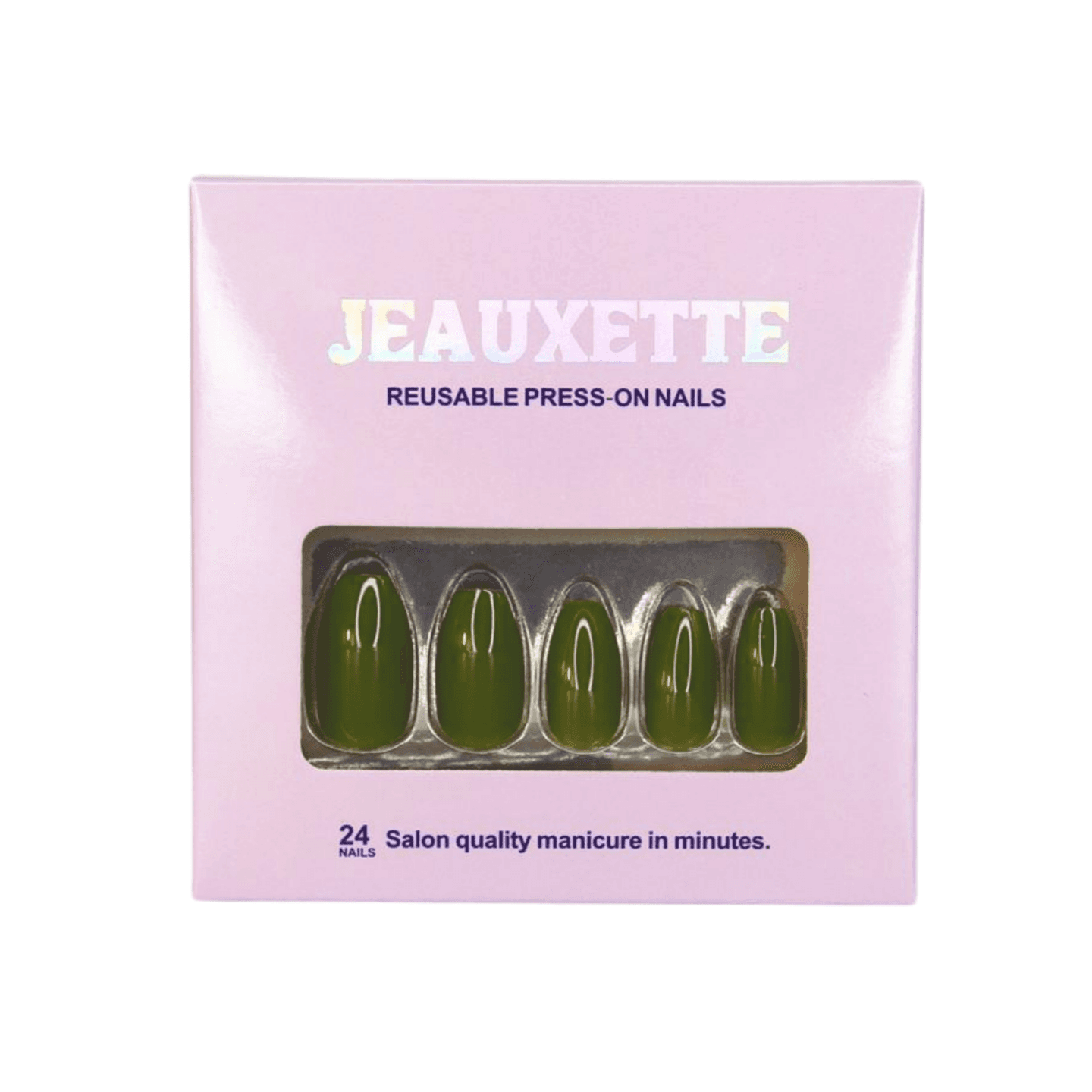 Box of Jeauxette olive green reusable press-on nails.