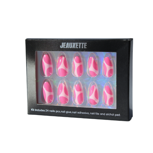 Box of JEAUXETTE nail art kit with pink and white striped nails on a white background