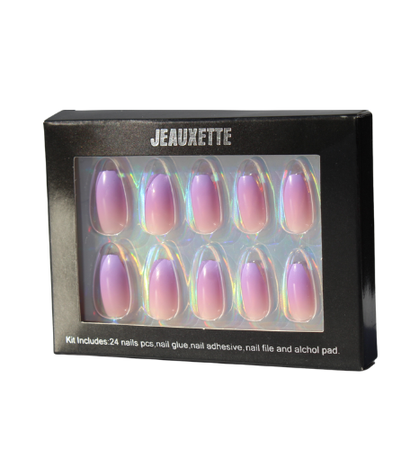 Box of Jeauxette false nails with pink and purple designs on a white background
