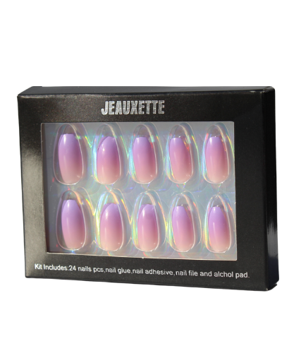 Box of Jeauxette false nails with pink and purple designs on a white background