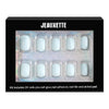 Jeauxette nail kit packaging with 24 nails, glue, adhesive, file, and alcohol pad on a white background.