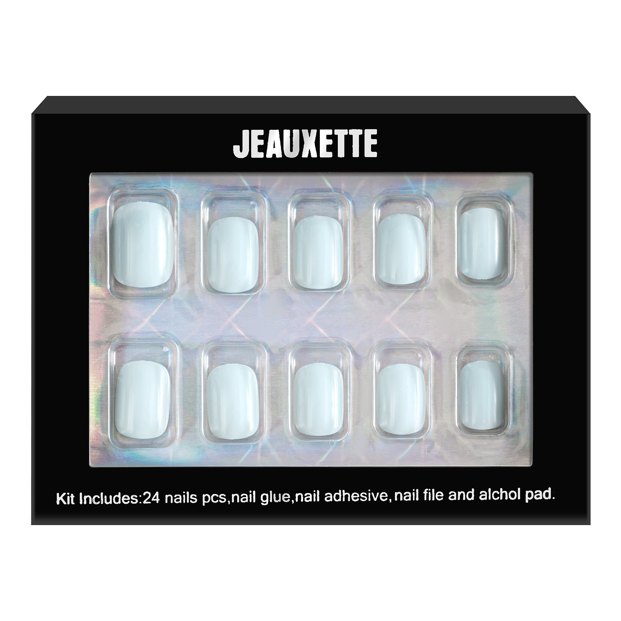 Jeauxette nail kit packaging with 24 nails, glue, adhesive, file, and alcohol pad on a white background.