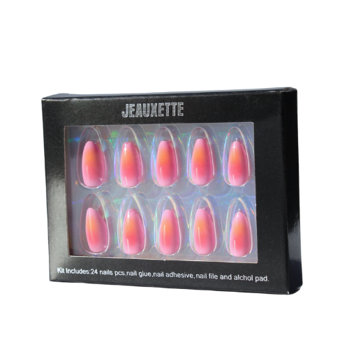 Box of Jeauxette nail art kit with pink and orange gradient aura nails on a white background
