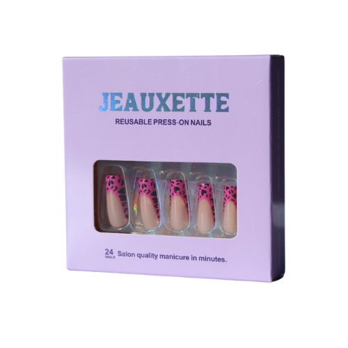 Box of JEauxette reusable press-on nails with pink and leopard print ballerina nail design on a white background