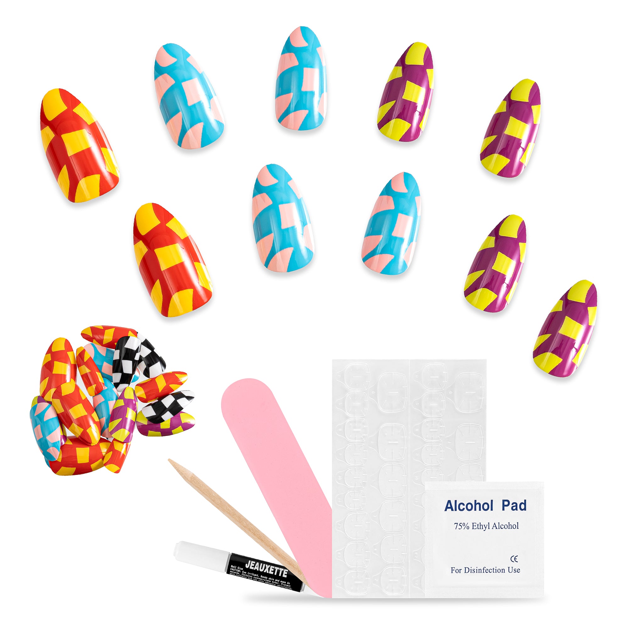 Set of colorful checkered nail art designs with tools on a white background