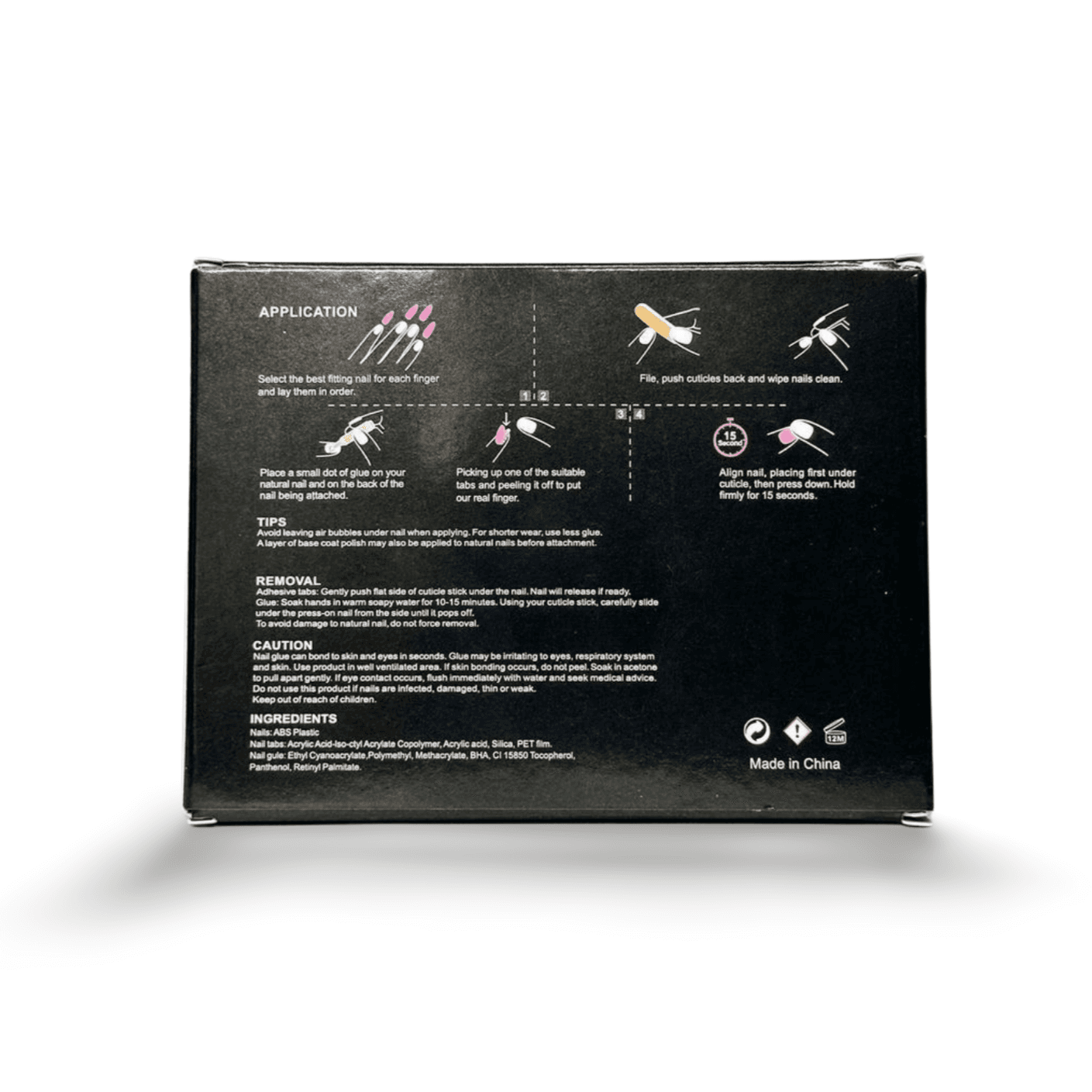 Back of Jade press-on nails box with application instructions