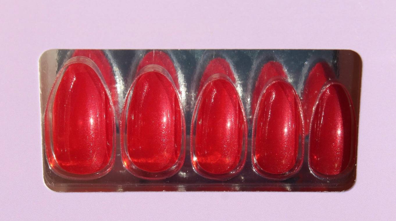 Set of red almond-shaped press-on nails