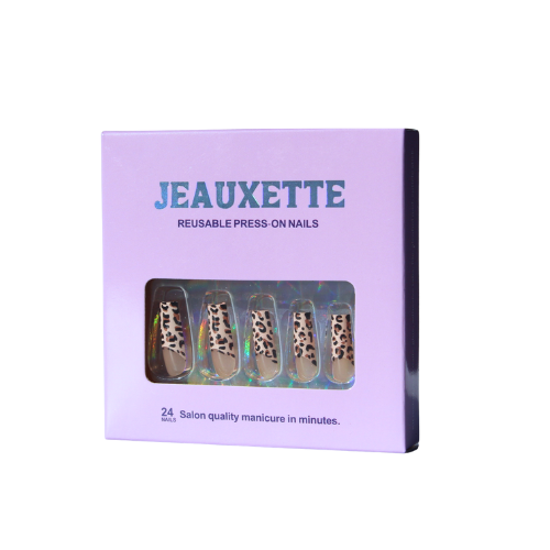 Jeauxette reusable press-on nails packaging with leopard print design on a white background