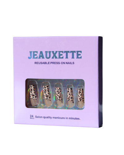 Jeauxette reusable press-on nails packaging with leopard print design on a white background