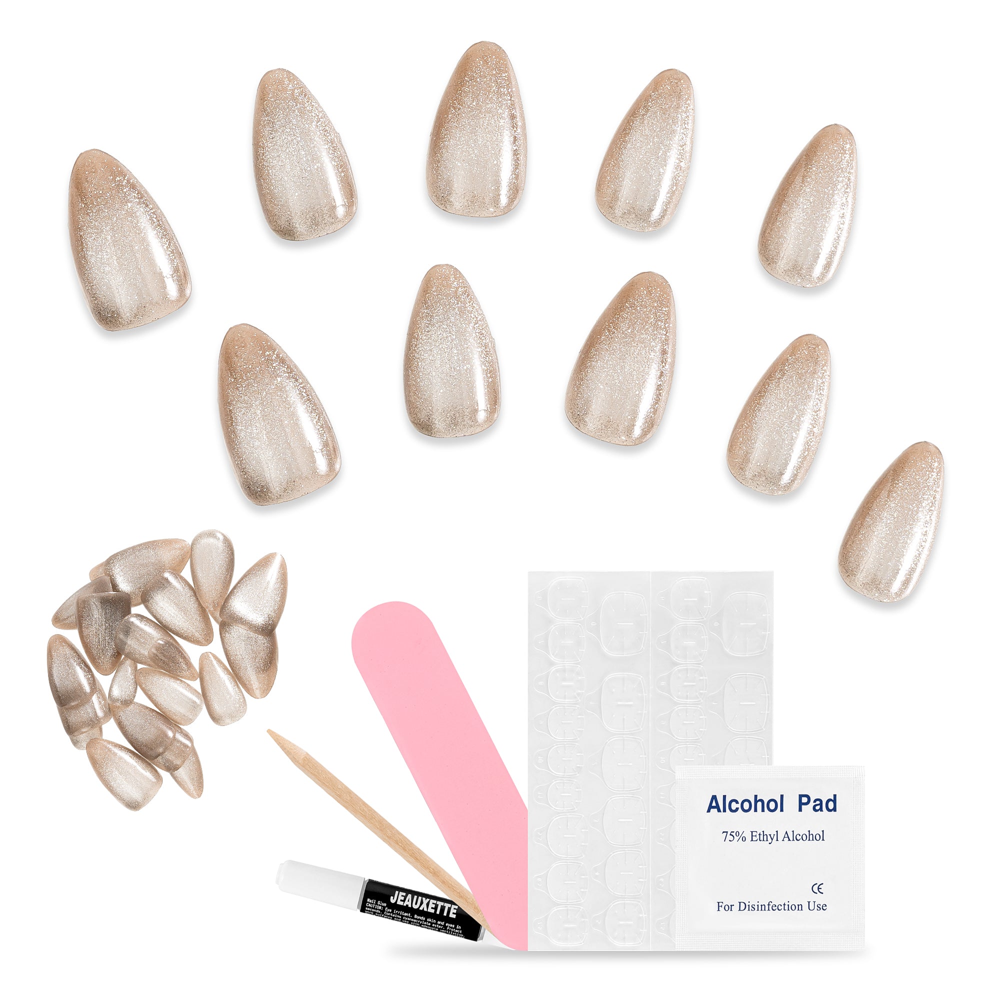 Set of glittery false nails with tools and alcohol pad on a white background