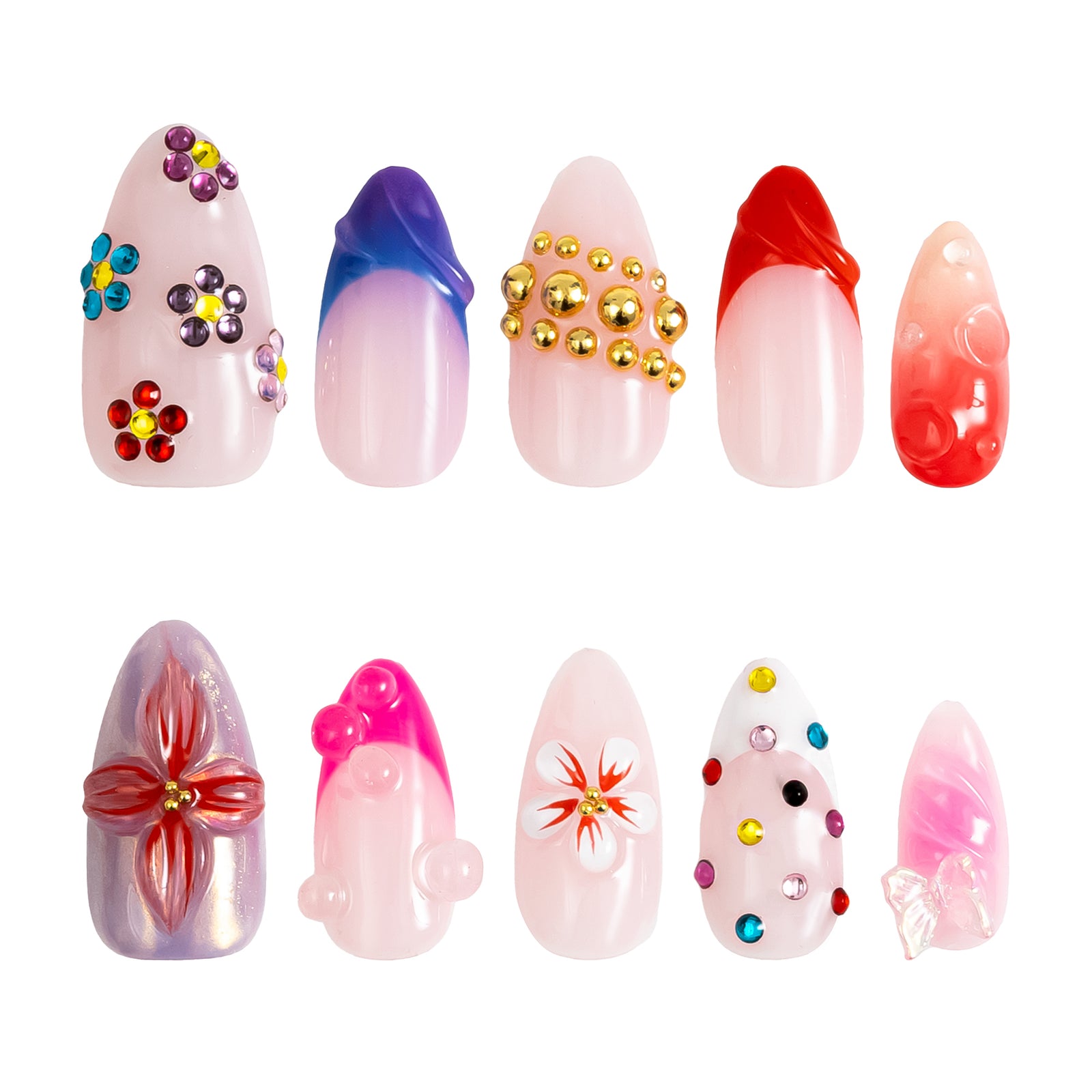 Set of decorative nail art designs on a white background