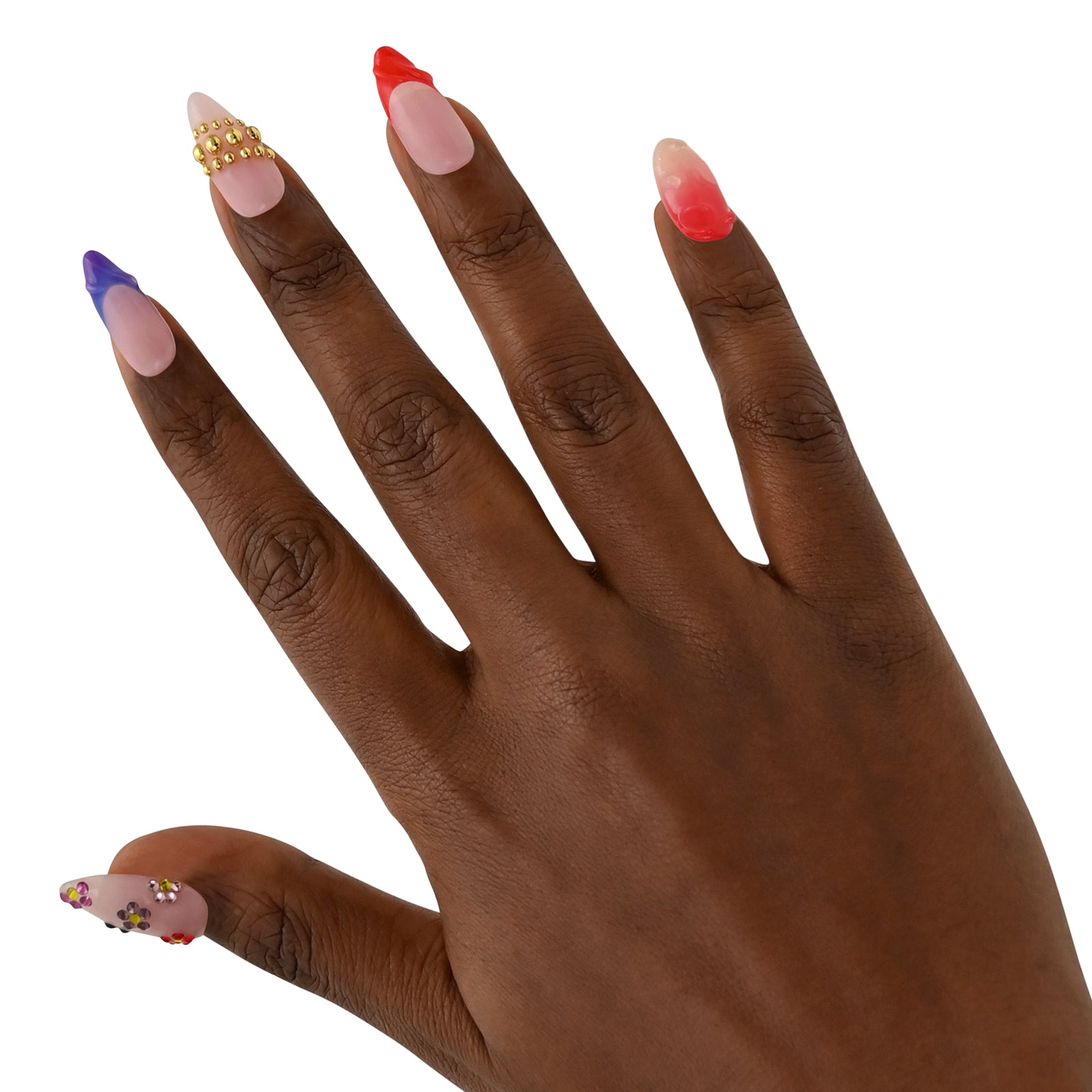 Hand with colorful nail art on a white background