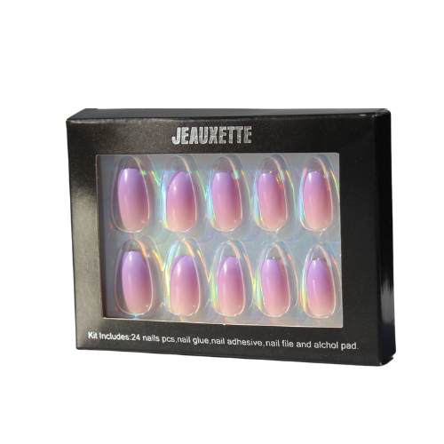 Box of Jeauxette false nails with pink and purple designs on a white background