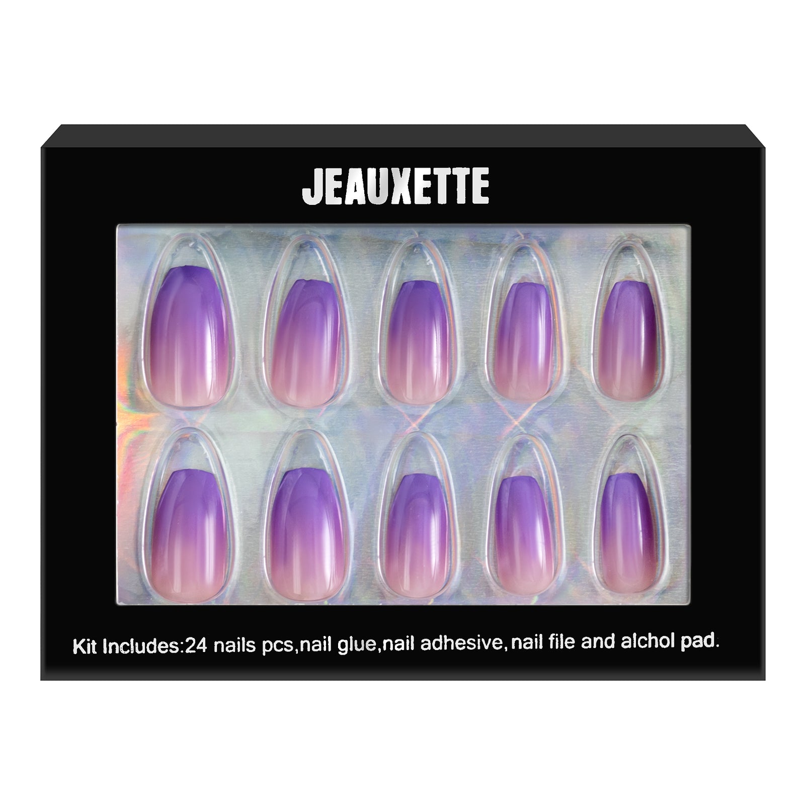 Box of Jeauxette nail art kit with purple gradient nails