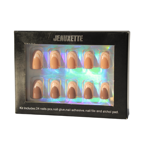 Box of Jeauxette nail art kit with brown , short round french-tips nails on a white background