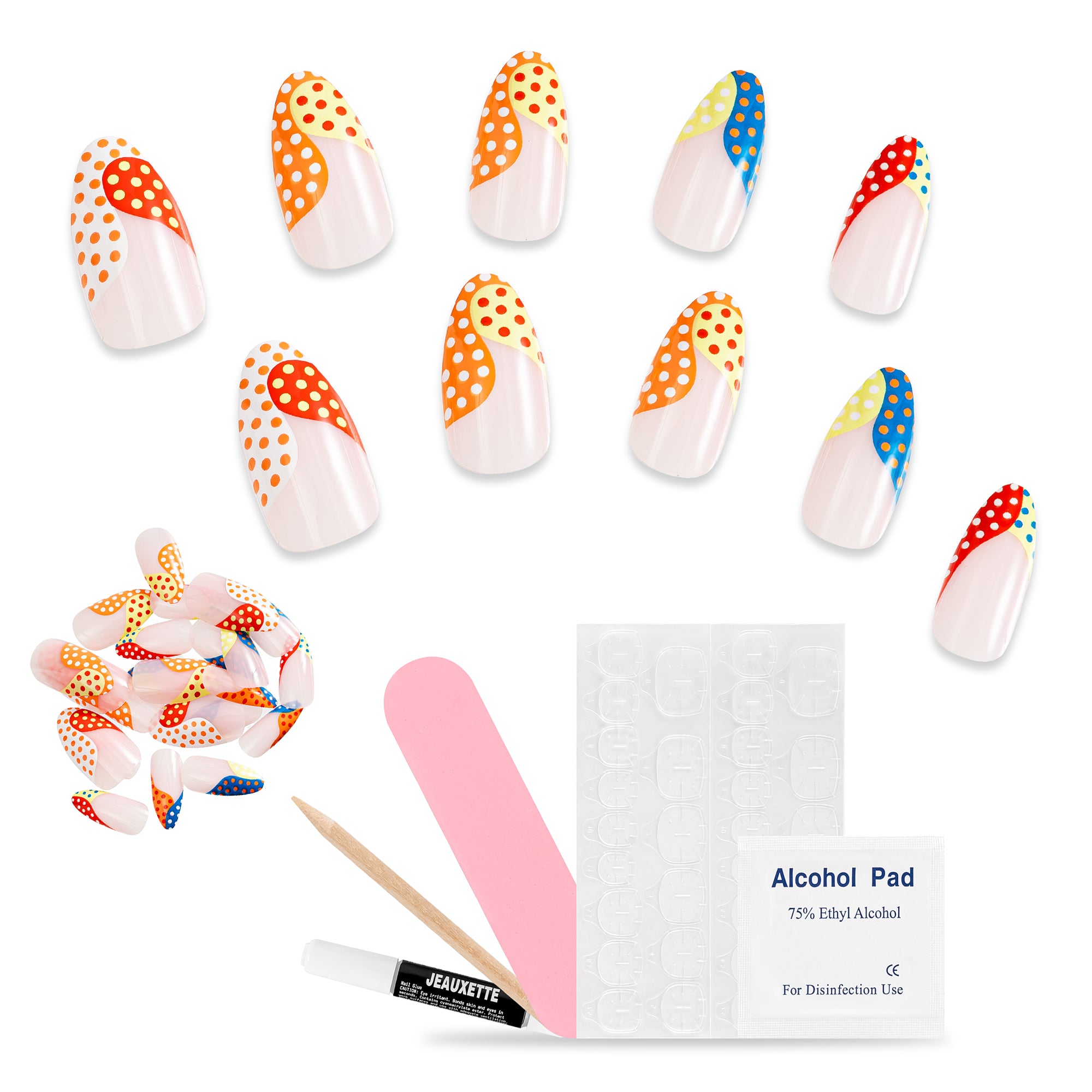 Set of nail art tools including colorful nail designs, alcohol pad, and brush on a white background.