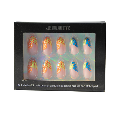 Box of JEauxette nail art set with colorful almond nail designs on a white background