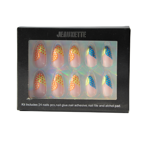 Box of JEauxette nail art set with colorful almond nail designs on a white background