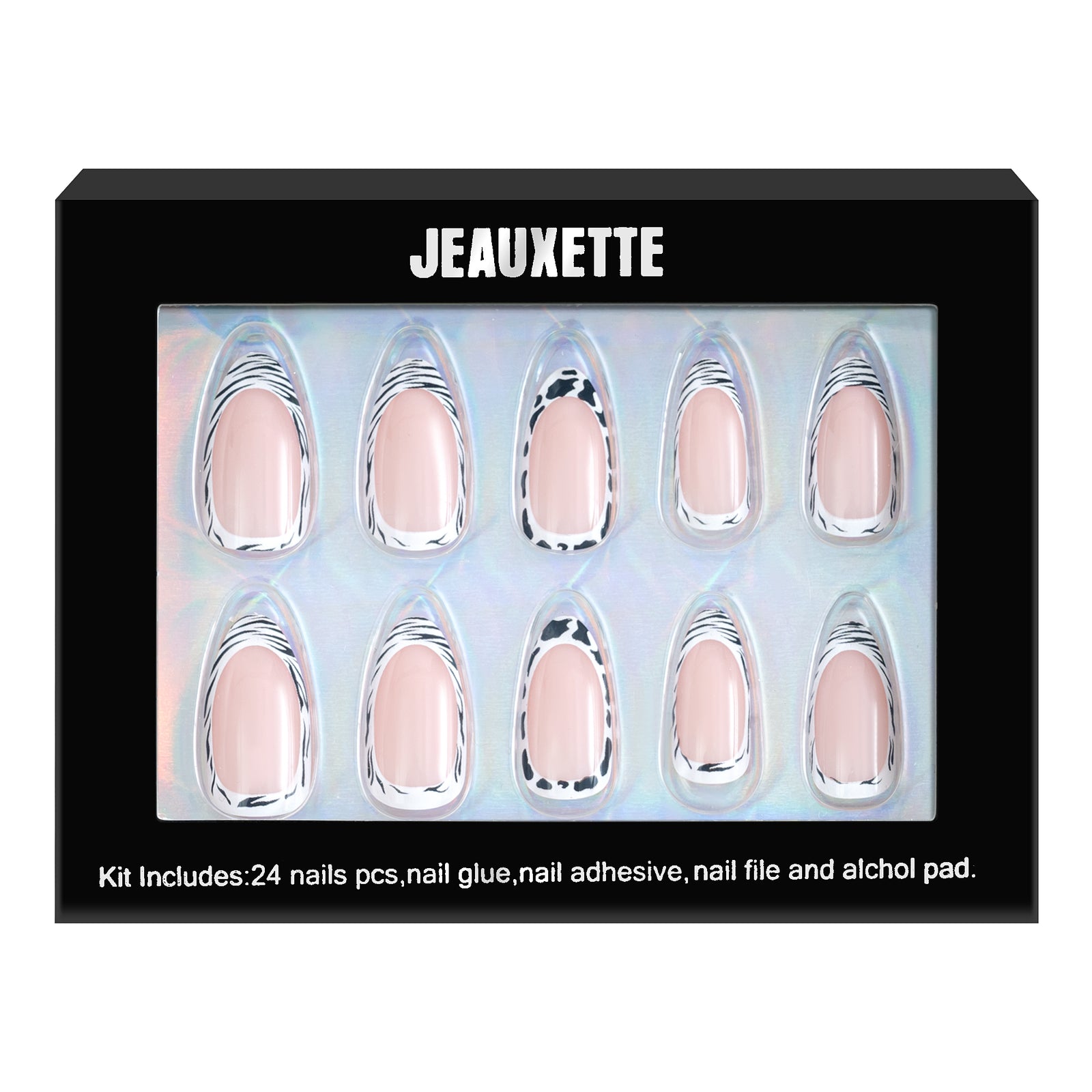 Nail art kit with pink nails and Jeauxette branding on a black box.