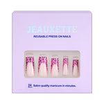 Jeauxette reusable press-on nails packaging with pink and leopard print design on a white background