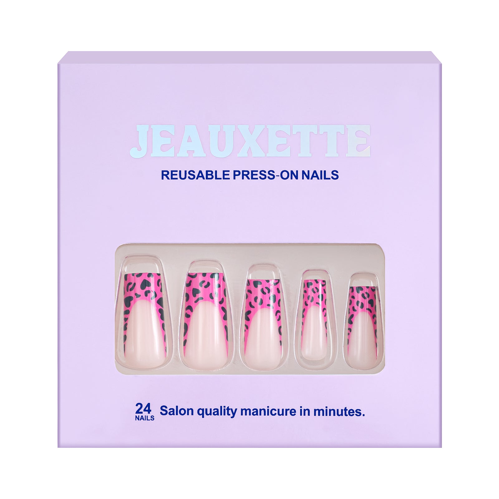 Jeauxette reusable press-on nails packaging with pink and leopard print design on a white background