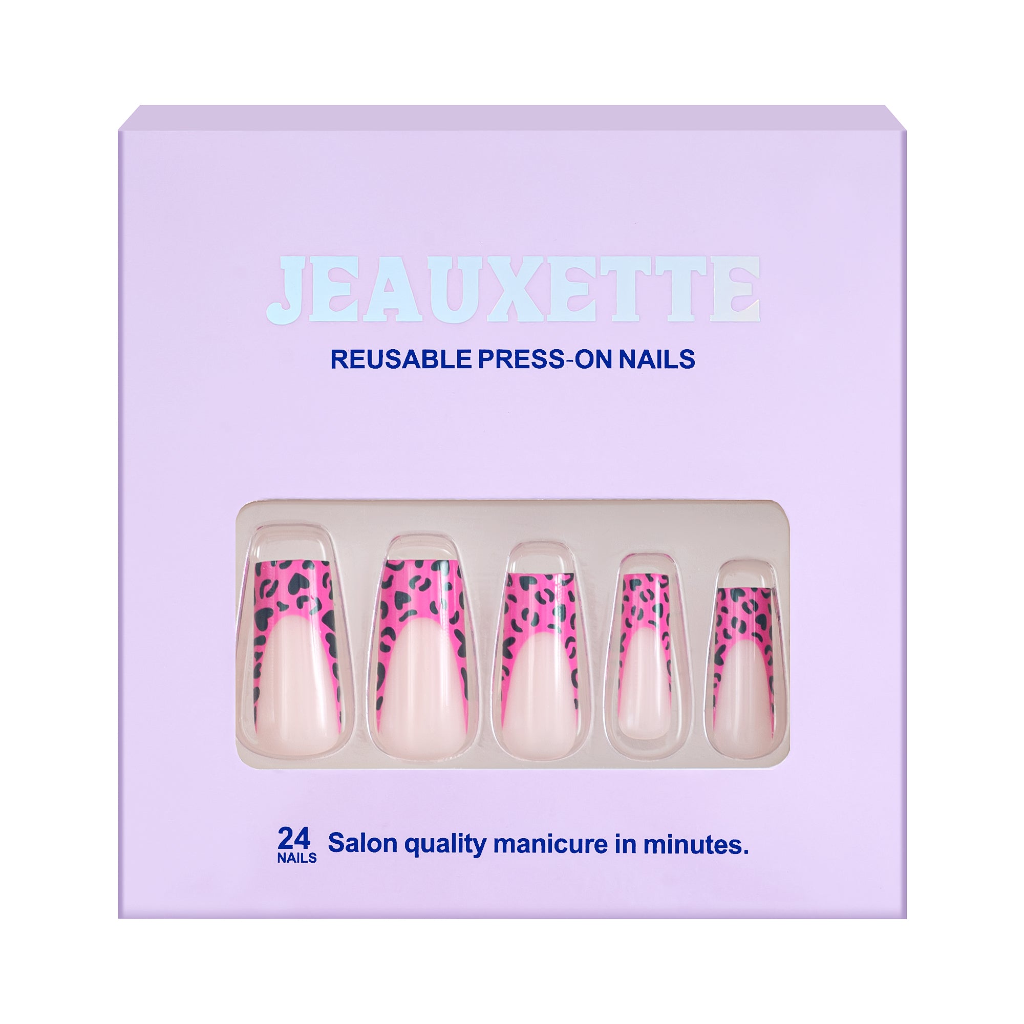 Jeauxette reusable press-on nails packaging with pink and leopard print design on a white background