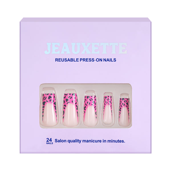 Jeauxette reusable press-on nails packaging with pink and leopard print design on a white background