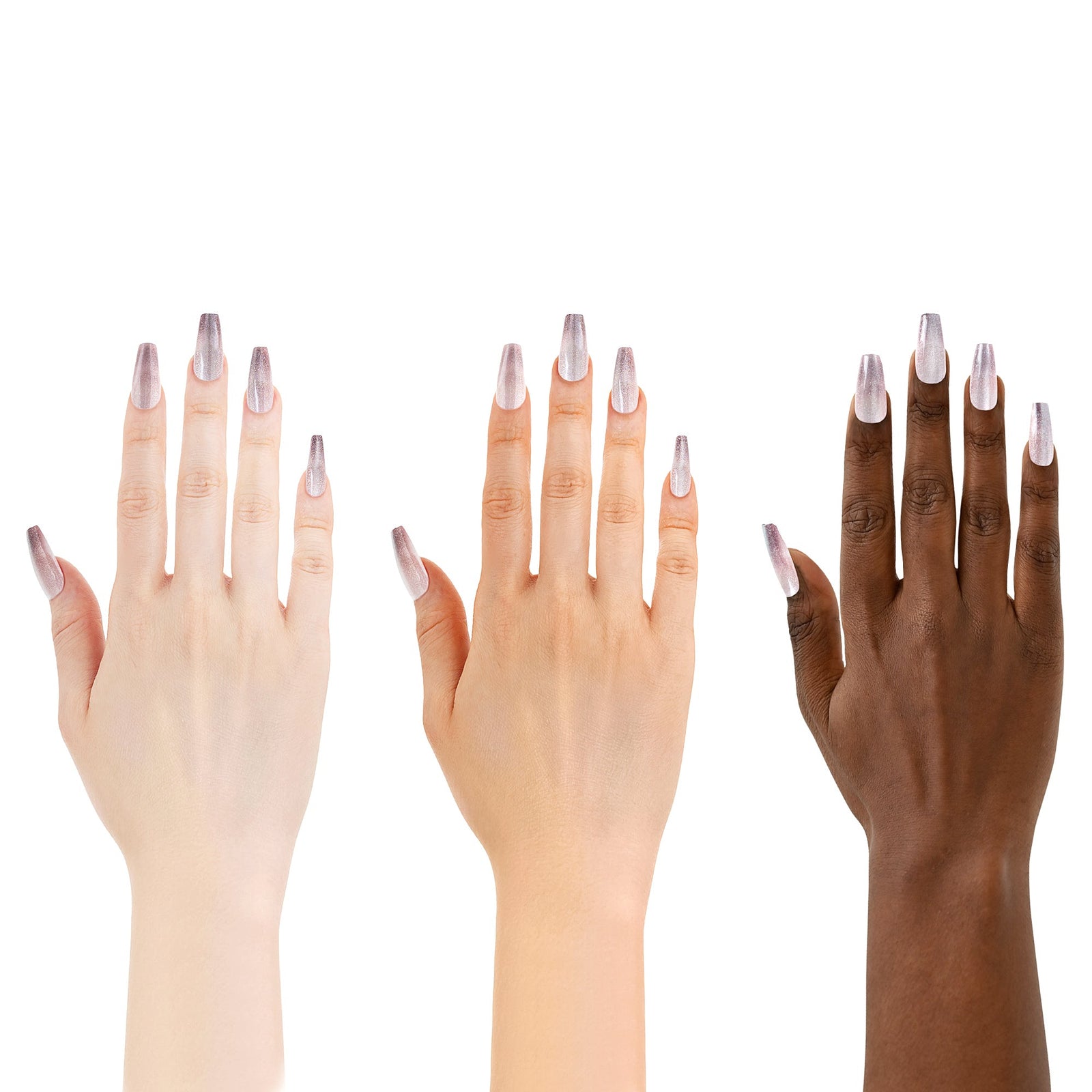 Three hands with long, artificial nails displayed on a white background