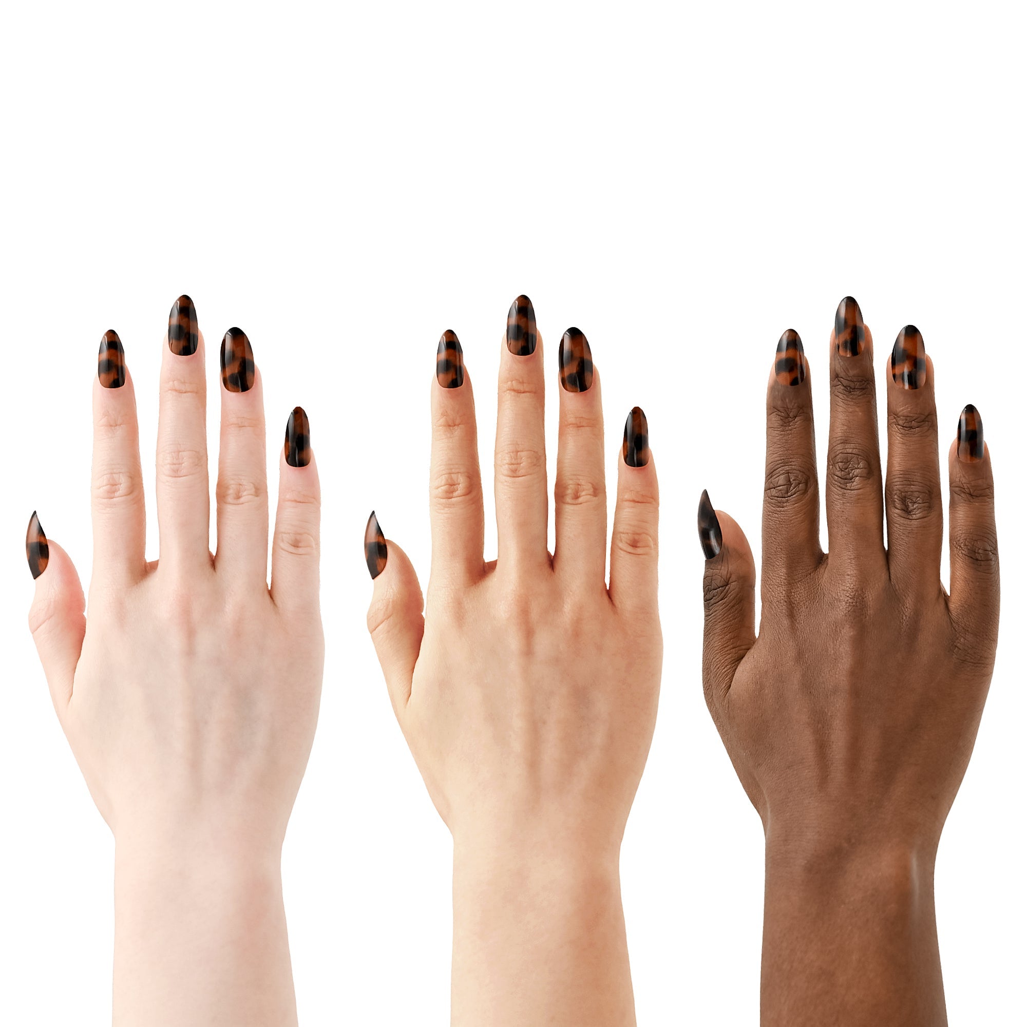 Three hands with black nail polish on a white background