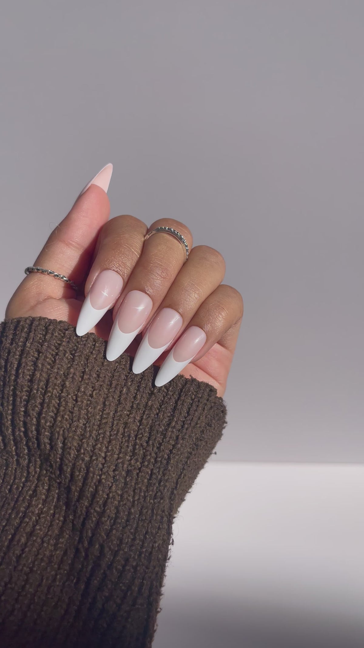 Elegant long almond French tips press-on nails
