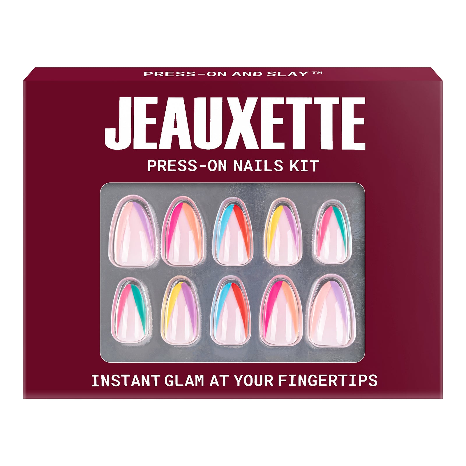 Jeauxette press-on nails kit packaging with colorful nail tips on a red background