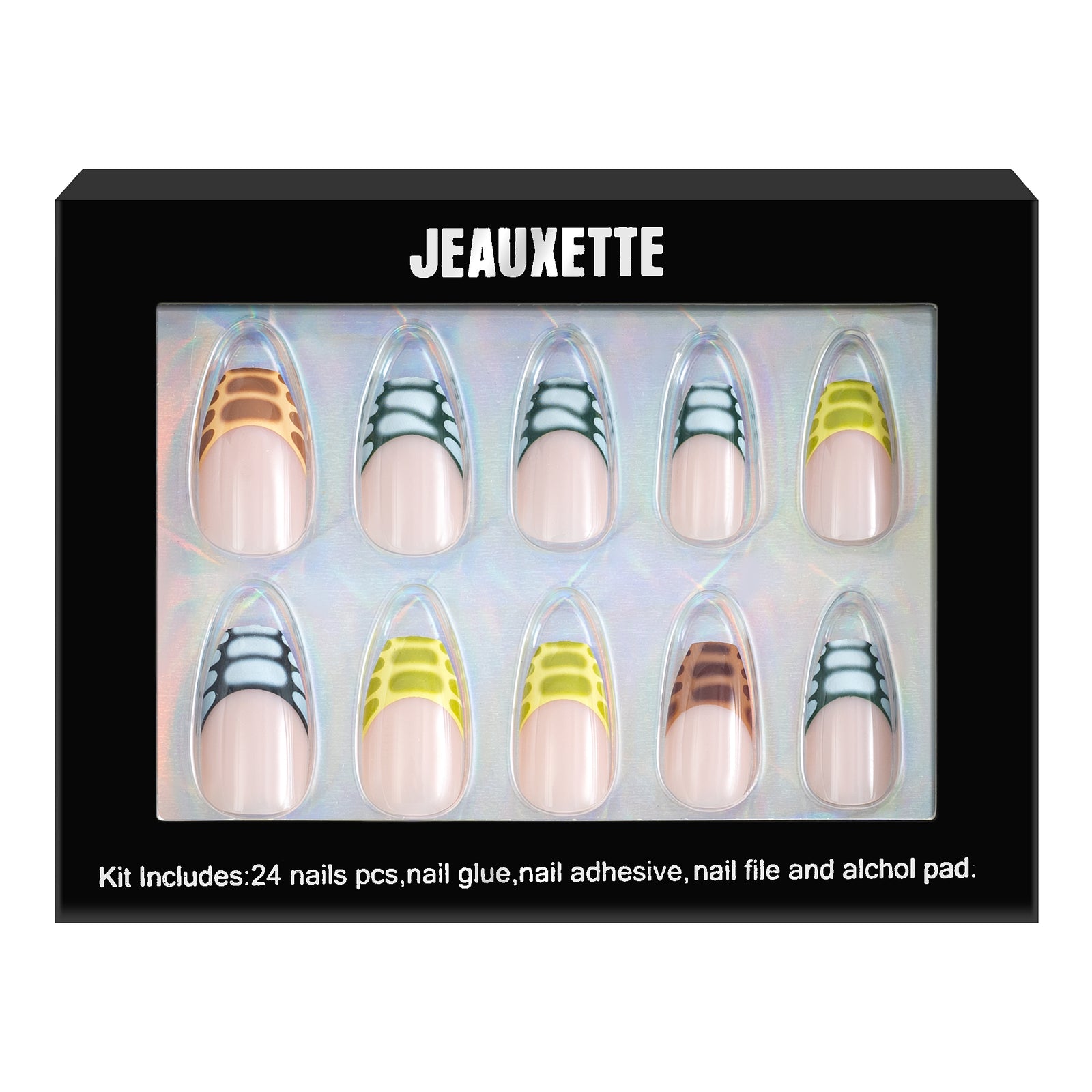 Box of Jeauxette nail art set with various nail designs on a white background