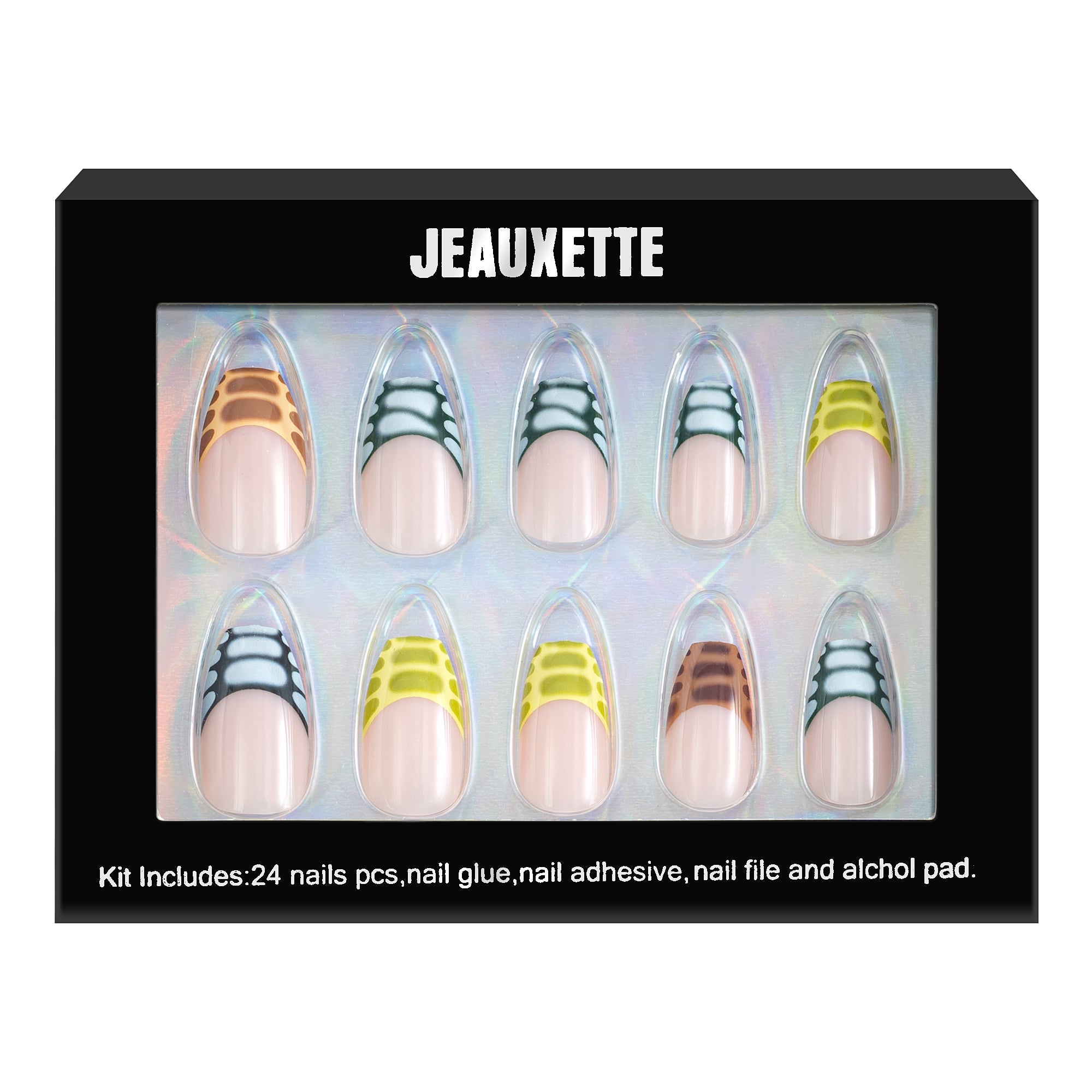 Box of Jeauxette nail art set with various nail designs on a white background