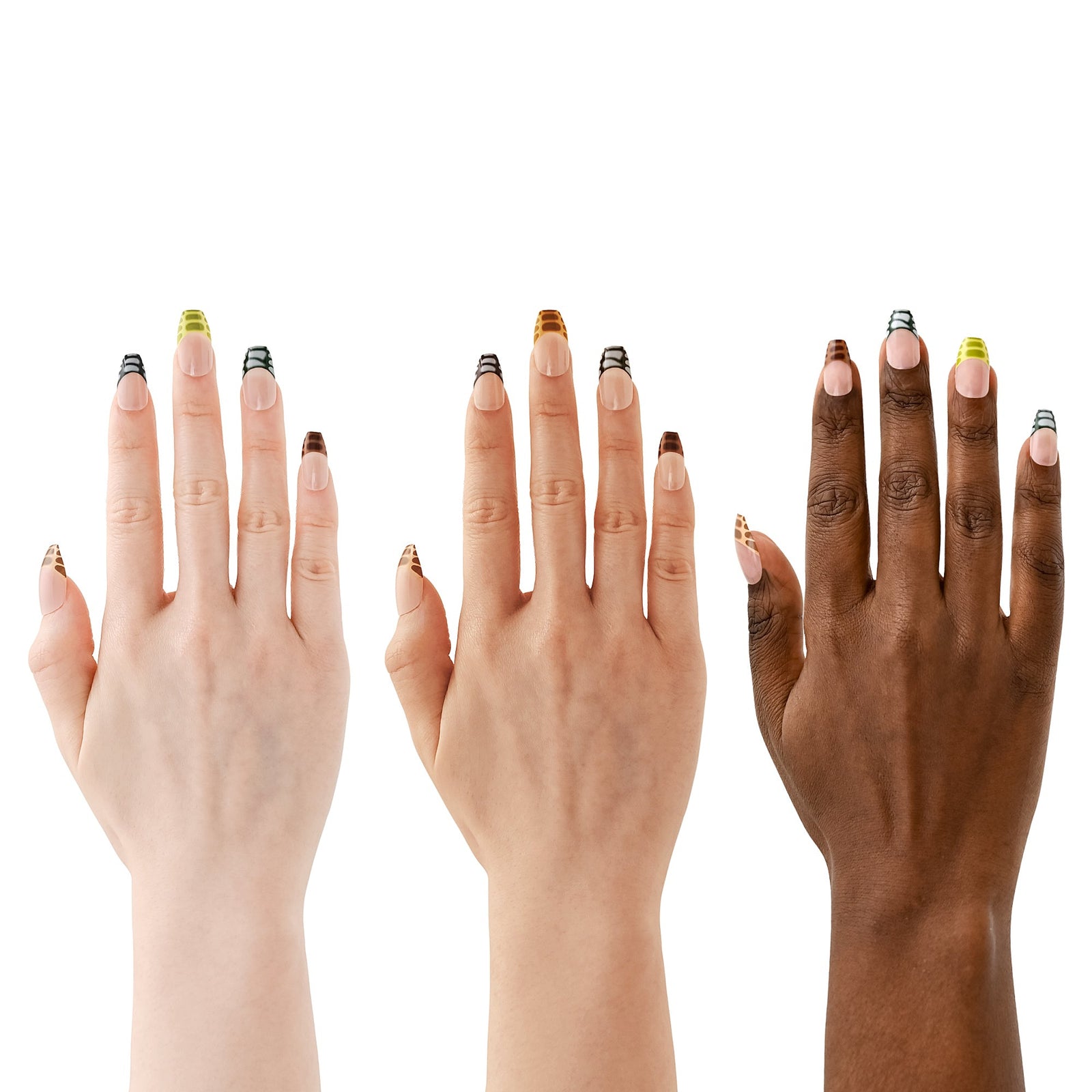 Three hands with nail art on a white background