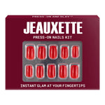 Jeauxette press-on nails kit packaging with red nails displayed on a white background