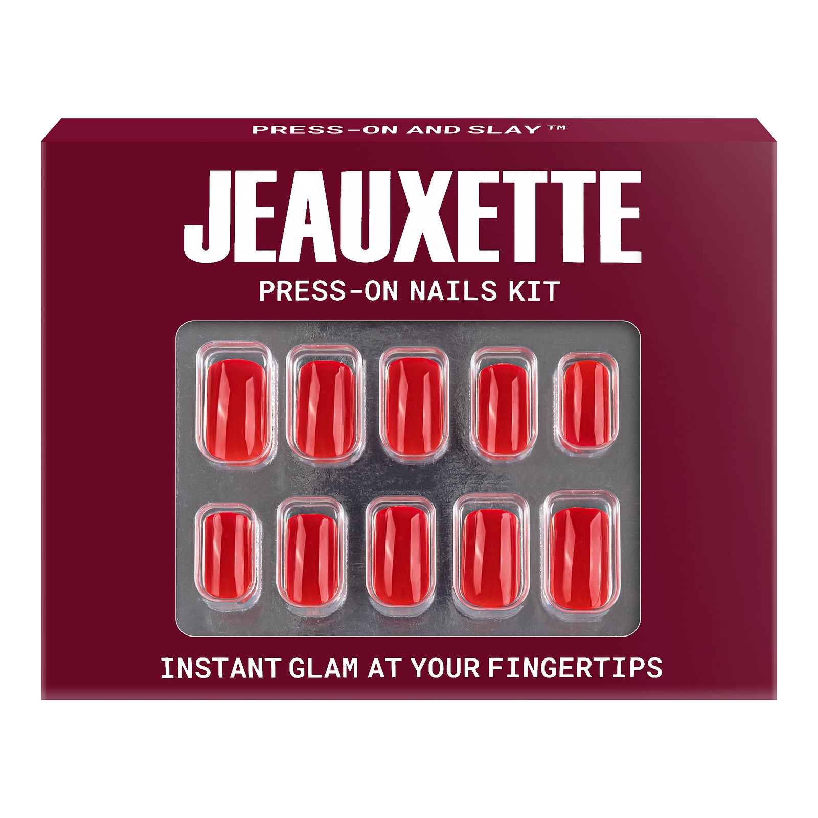 Jeauxette press-on nails kit packaging with red nails displayed on a white background