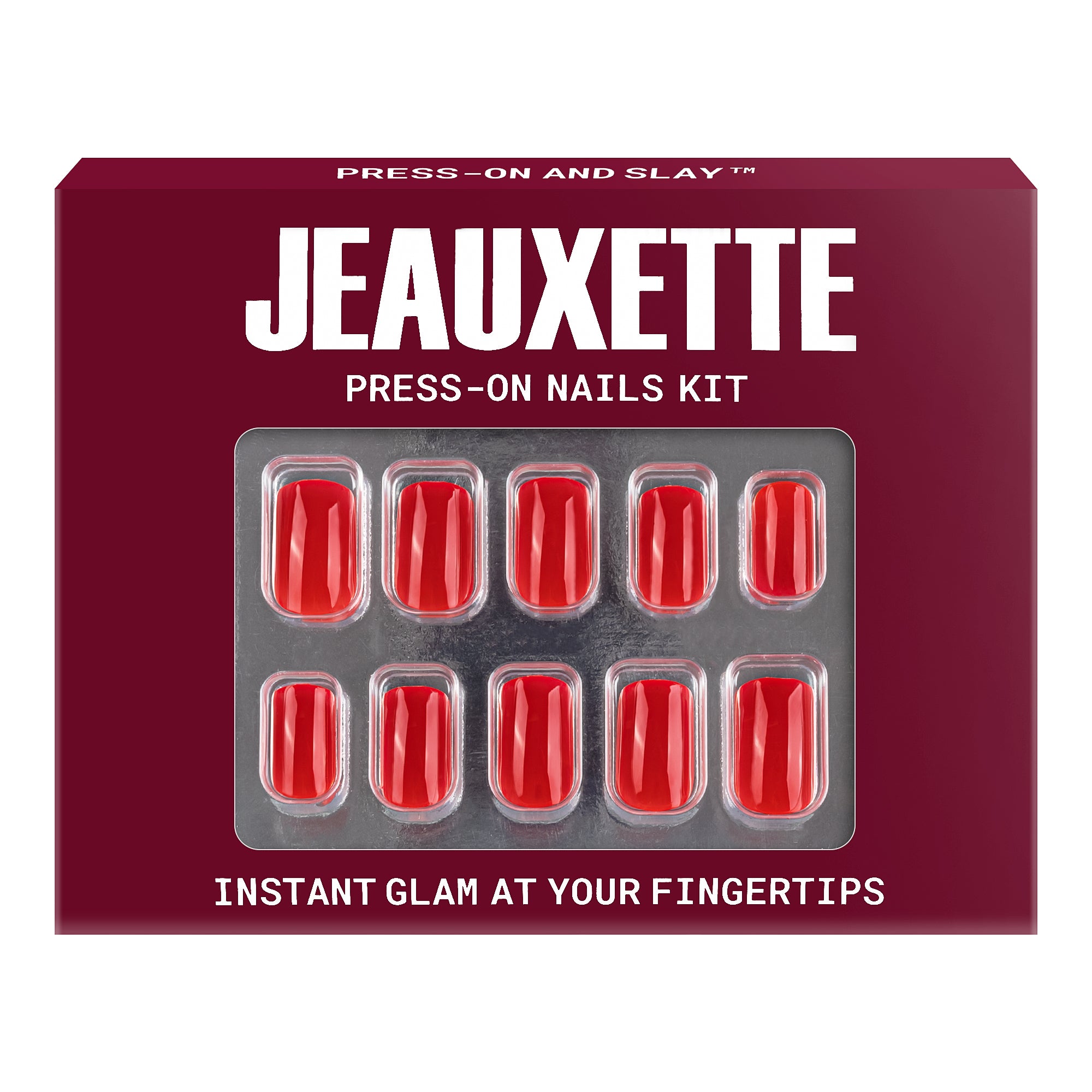 Jeauxette press-on nails kit packaging with red nails displayed on a white background