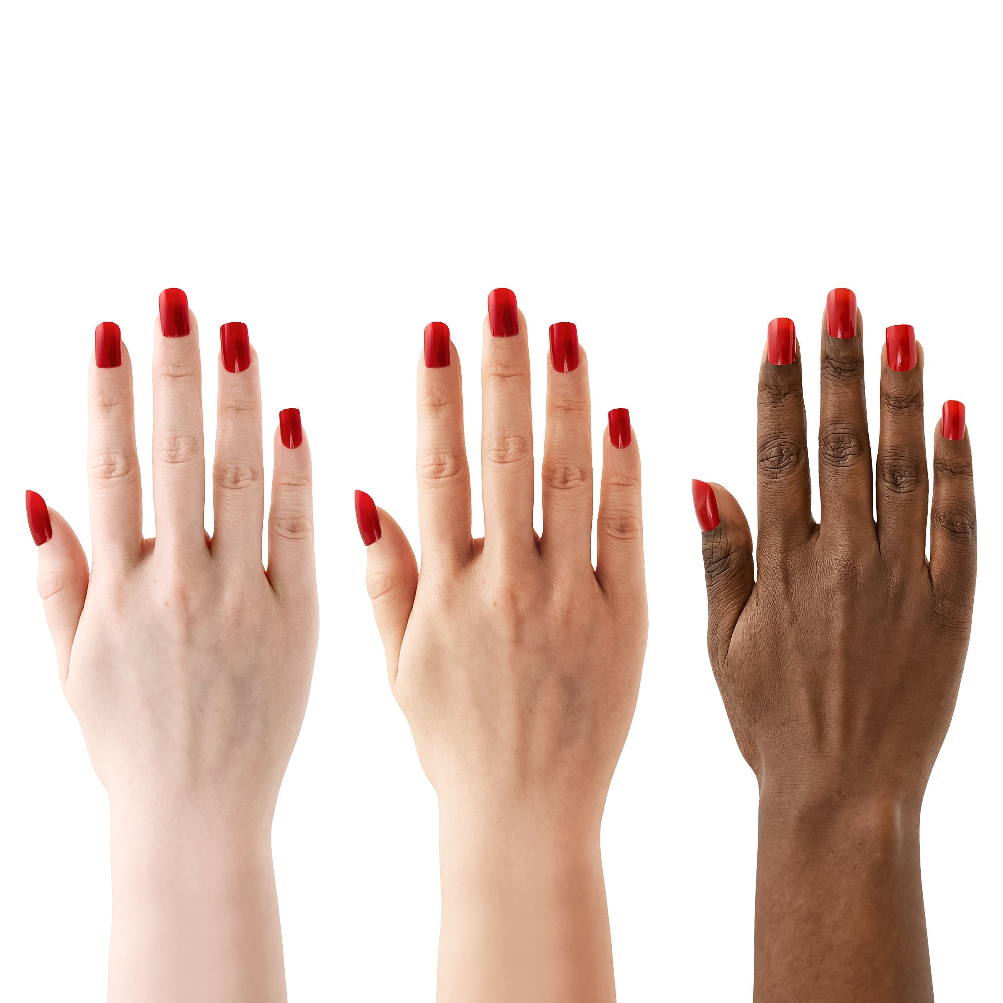 Three hands with red nail polish on a white background