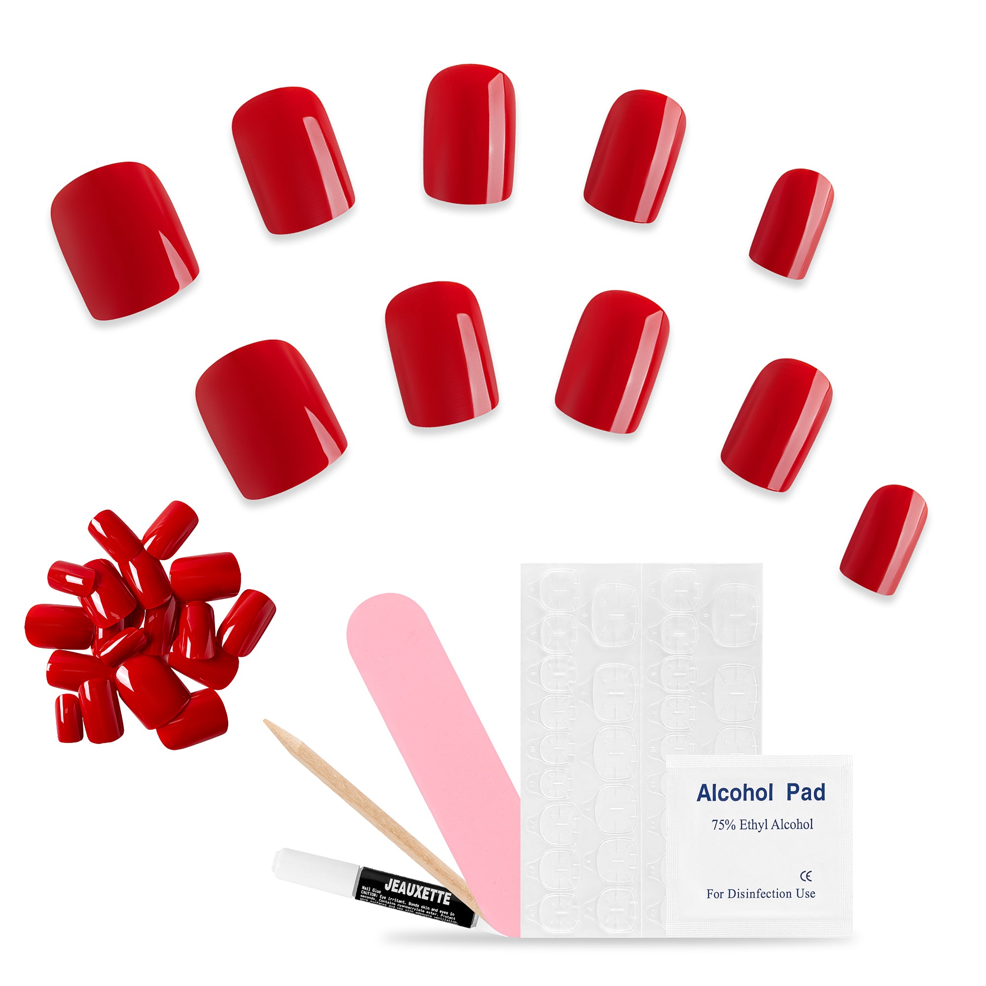 Red nail tips with tools on a white background