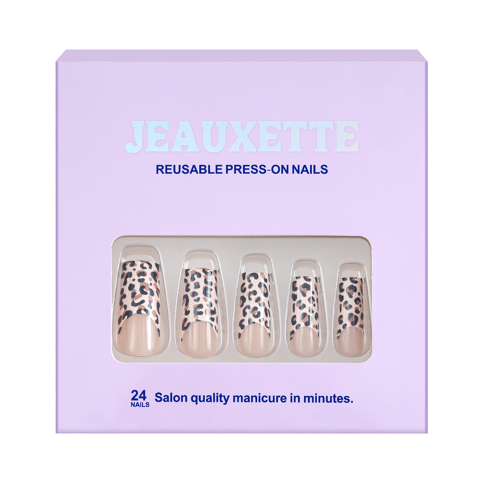 Jeauxette reusable press-on nails packaging with leopard print nails on a light purple background
