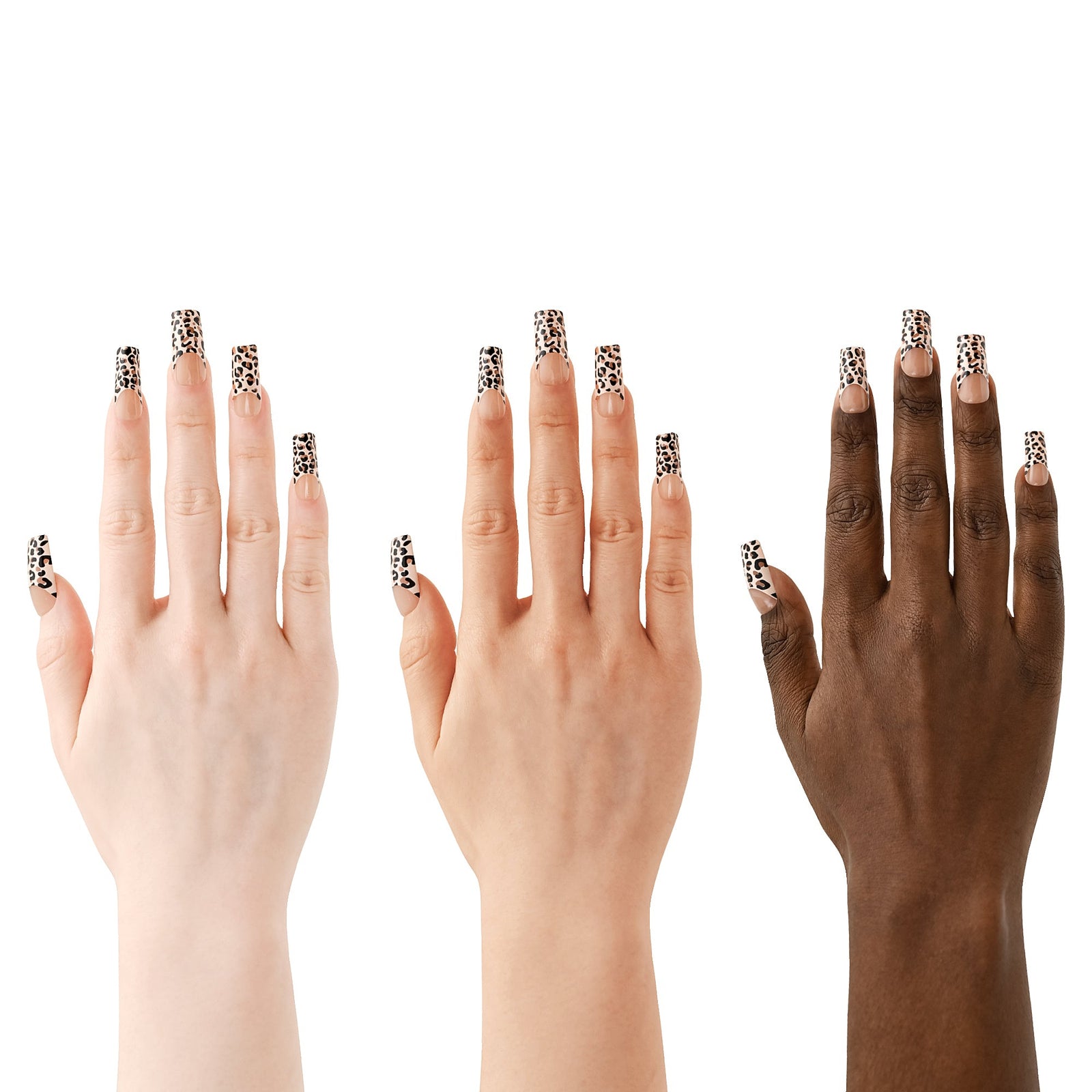 Three hands with patterned nail designs on a white background