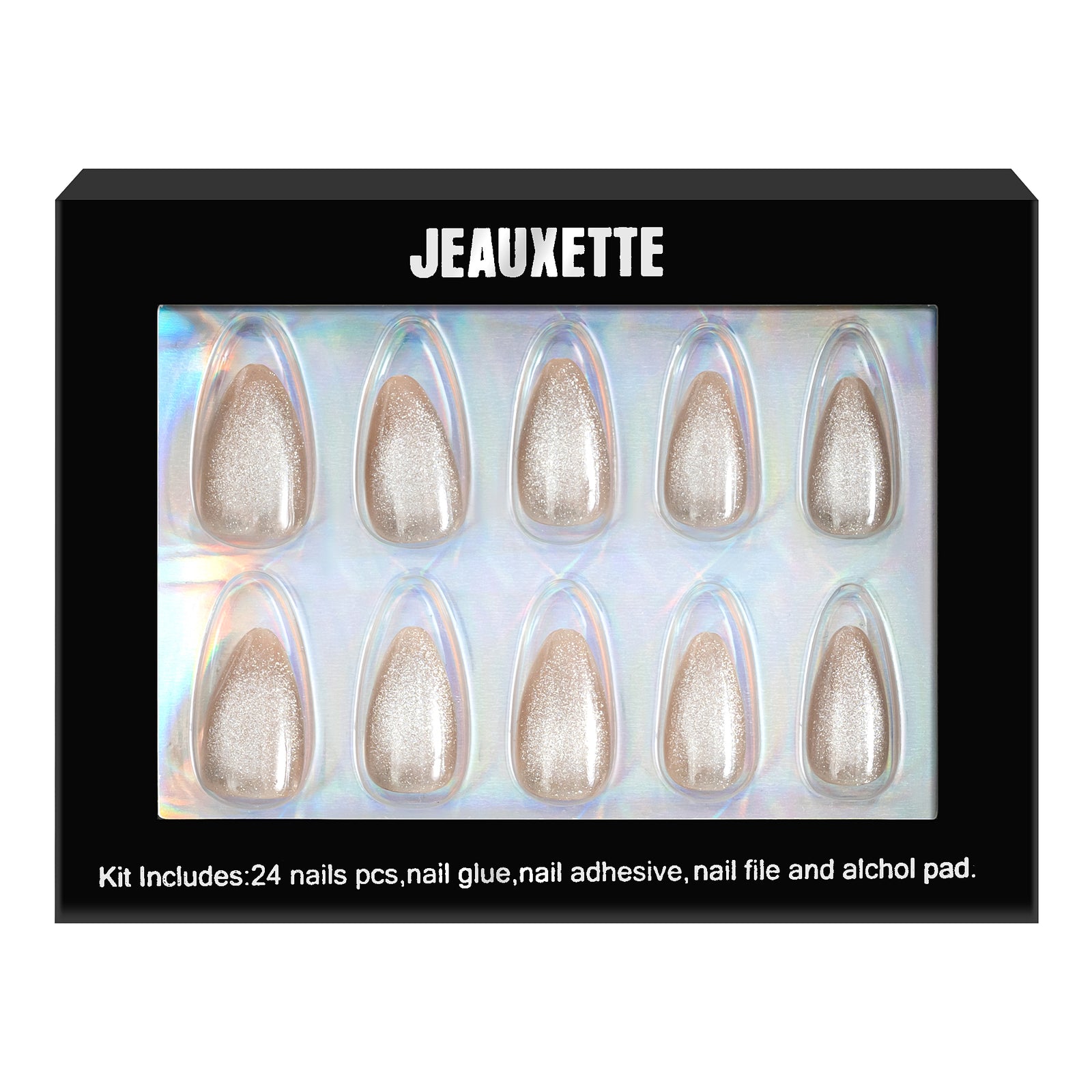 Box of Jeauxette false nails with a black border and white text.